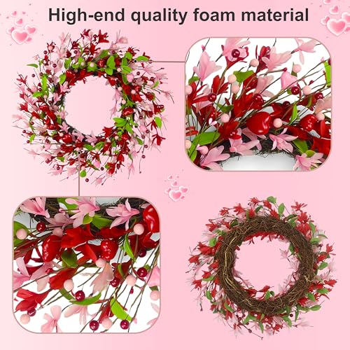 zjlmit 20 Inch Valentine's Day Wreath, Valentines Day Wreaths for Front Door with Pink Forsythia Flowers, Heart Shaped Berries and Green Leaves for Window, Wall and Anniversary Party Decorations - Image 3