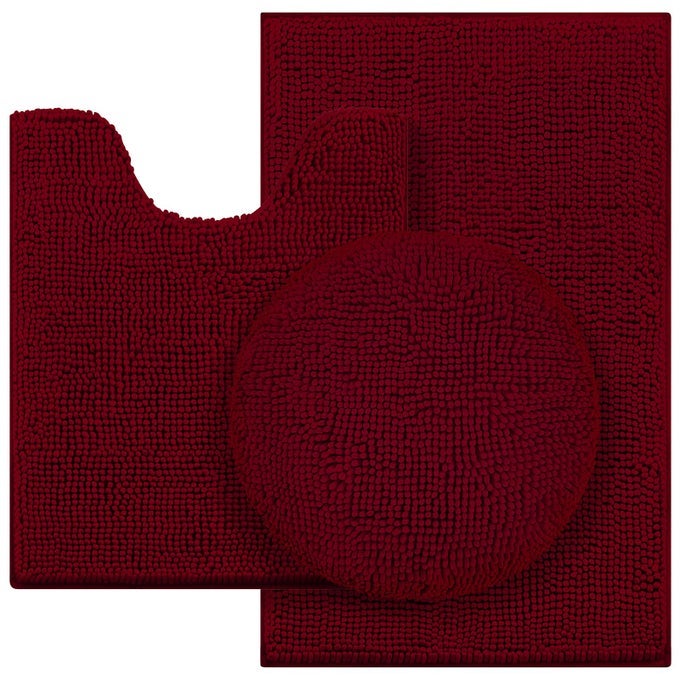 3 PIECES BURGUNDY BATHROOM RUGS SET ULTRA SOFT NON SLIP BATH RUG AND ABSORBENT CHENILLE BATH MAT INCLUDES USHAPED CONTOUR RUG BATH MAT AND TOILET LID COVER PERFECT FOR BATHROOM TUB
