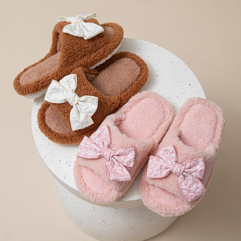 Bow Open Cotton Slippers For Women, Warm Furry Slippers, Home Plush Slippers For Women - Image 5