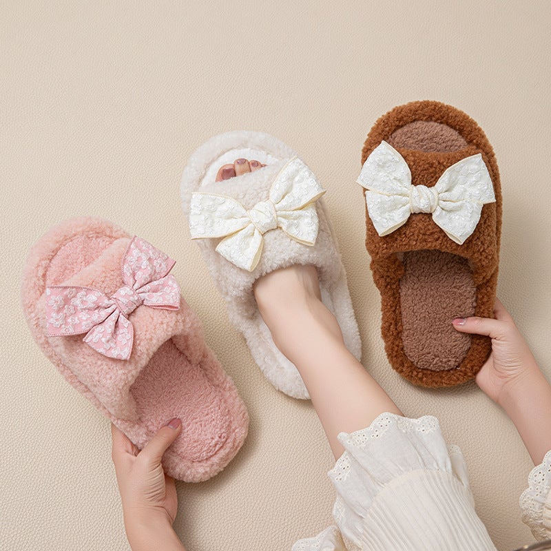 Bow Open Cotton Slippers For Women, Warm Furry Slippers, Home Plush Slippers For Women - Image 2