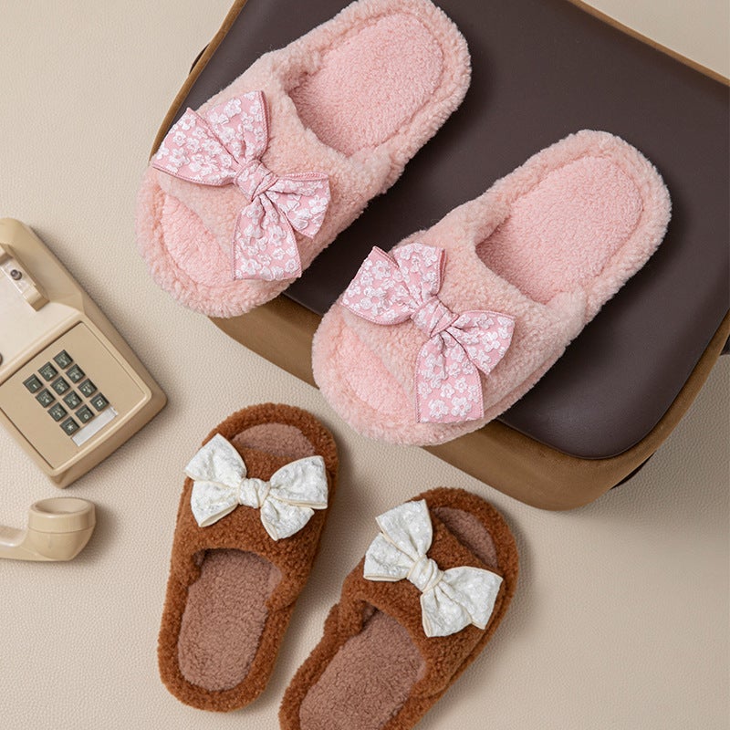 Bow Open Cotton Slippers For Women, Warm Furry Slippers, Home Plush Slippers For Women - Image 4