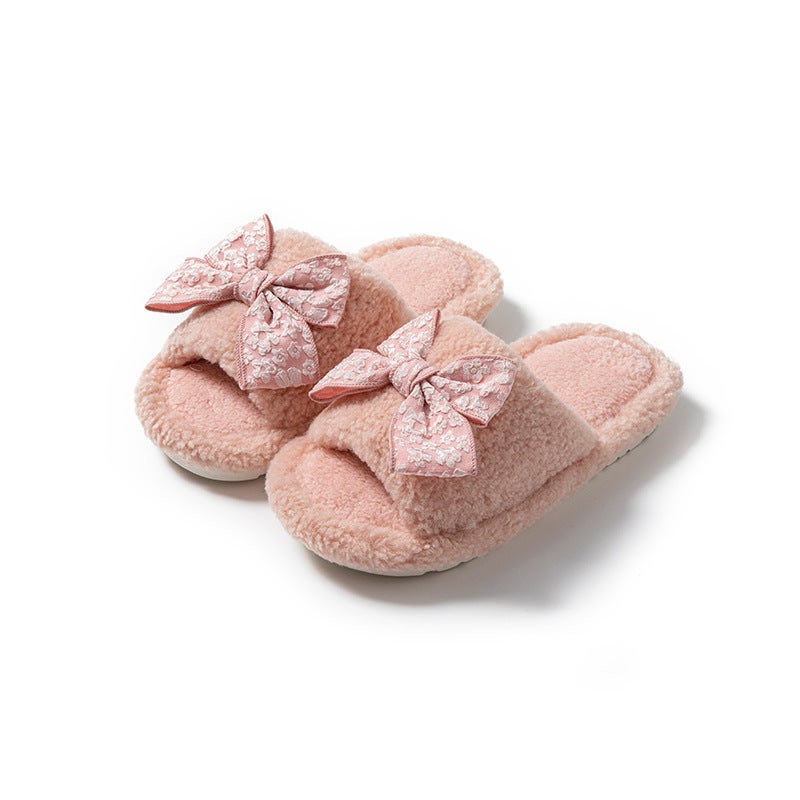 Bow Open Cotton Slippers For Women, Warm Furry Slippers, Home Plush Slippers For Women - Image 1
