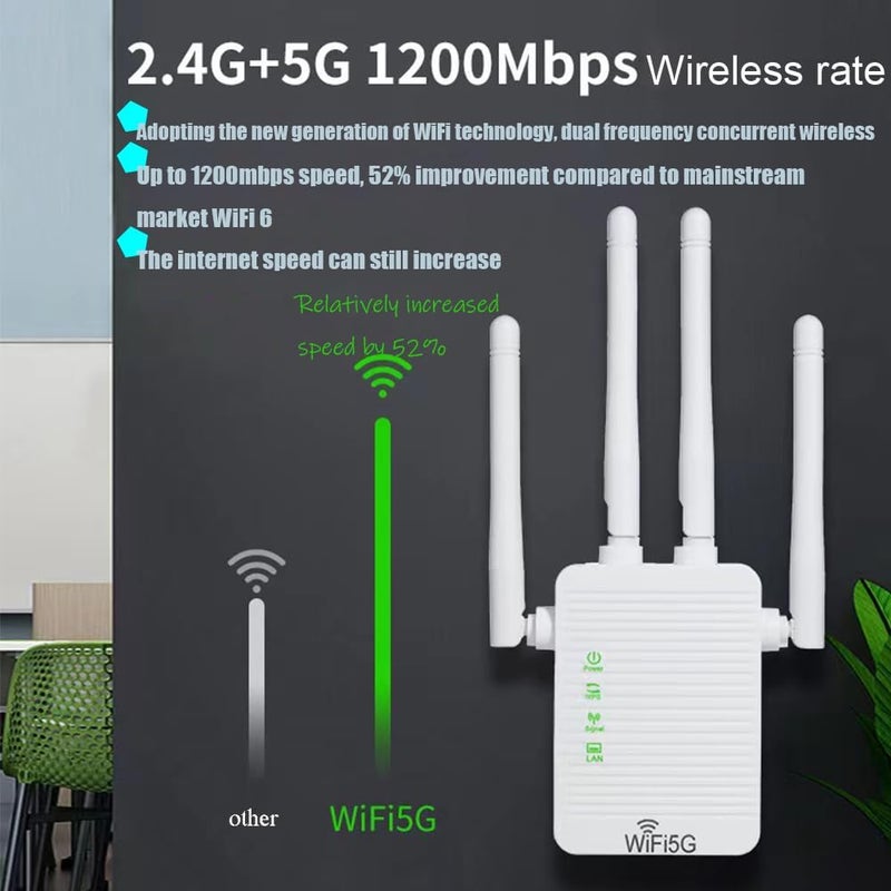 LinJie WiFi Extender，WiFi Range Extender Signal Enhancer，5G 1200Mbps Dual Frequency、 Mini Compact Internet Booster for Home,Wireless Signal Repeater - Image 2
