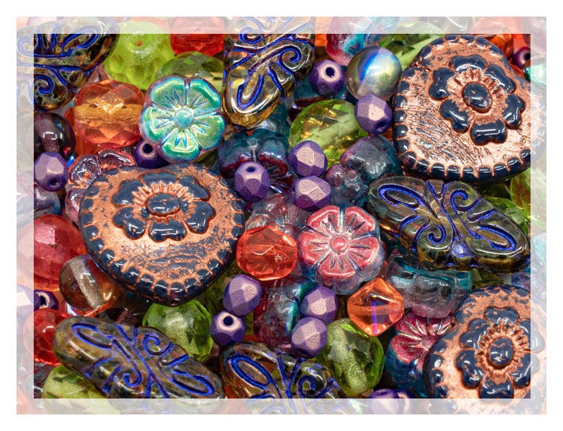 21oz 60 g Mix of Unique Czech Bohemia Glass Pressed Beads Crazy Purple Green Copper Table Cut Matte and Glossy Faceted Fire Polish Hand Made Set Kit BCV