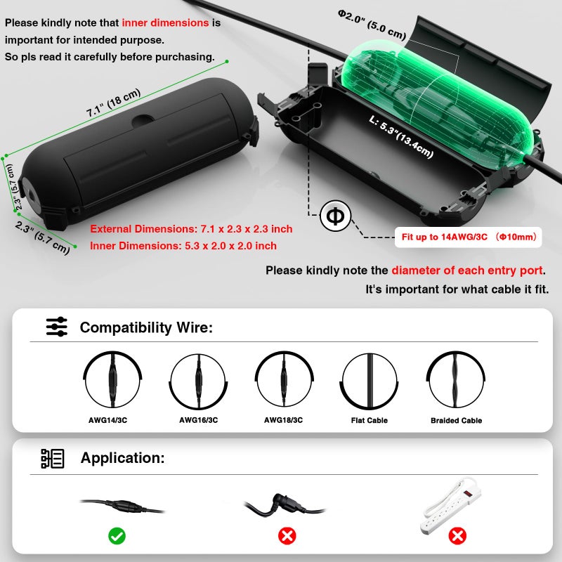 Flemoon فليموون [3 عبوات] غطاء سلك تمديد خارجي مع ختم مقاوم للماء، صندوق اتصال كهربائي مقاوم للعوامل الجوية لحماية مخرج الكهرباء، القابس، المقبس، إضاءة زينة عيد الميلاد، أسود - Image 2