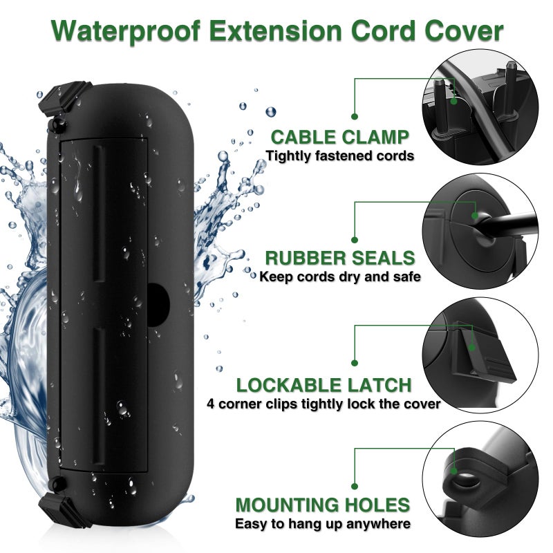 Flemoon فليموون [3 عبوات] غطاء سلك تمديد خارجي مع ختم مقاوم للماء، صندوق اتصال كهربائي مقاوم للعوامل الجوية لحماية مخرج الكهرباء، القابس، المقبس، إضاءة زينة عيد الميلاد، أسود - Image 3