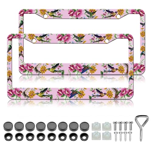 LIN KANG Florals Hummingbird License Plate Frames 2 Pack Personalise Pink Car Plate Frame Universal Accessories Aluminum Car Tag Frames for Women Fits Standard US Vehicles - Image 1