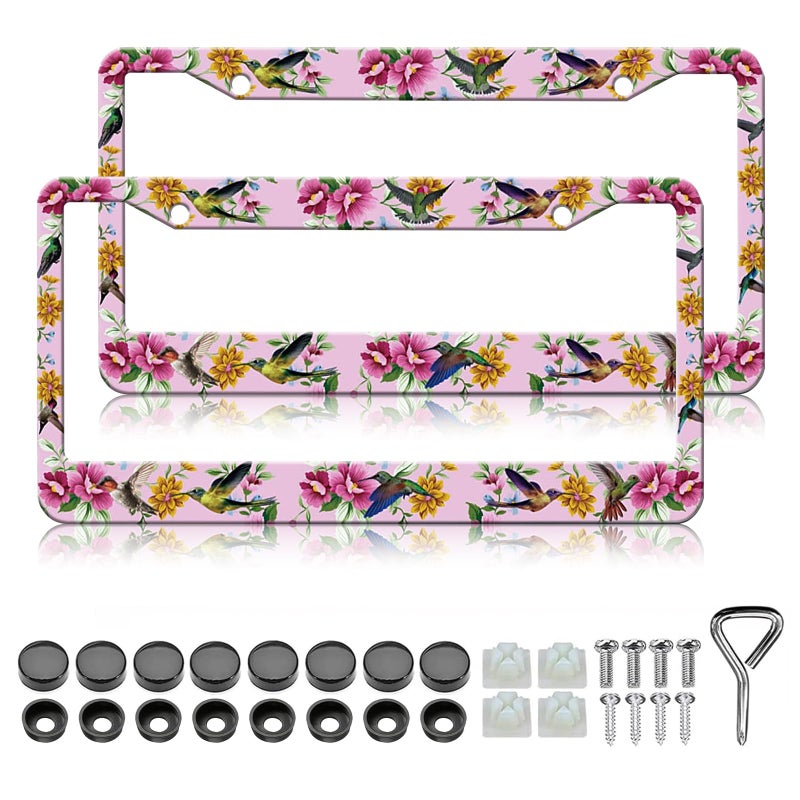 LIN KANG Florals Hummingbird License Plate Frames 2 Pack Personalise Pink Car Plate Frame Universal Accessories Aluminum Car Tag Frames for Women Fits Standard US Vehicles - Image 3