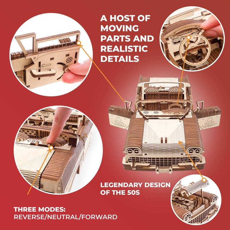 UGEARS Wooden 3D Puzzles for Adults - Dream Cabriolet VM-05 3D Wooden Puzzles for Adults - Mechanical Model Car Kits for Adults - Retro 1950s Inspired DIY Craft Kits for Adults 739 Pcs - Image 3