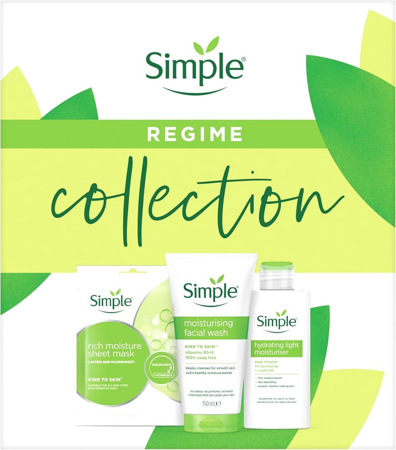 Simple Kind to Skin Regime 3 piece Gift Set with Face Wash Sheet Mask Moisturiser Perfect for Any Occasion