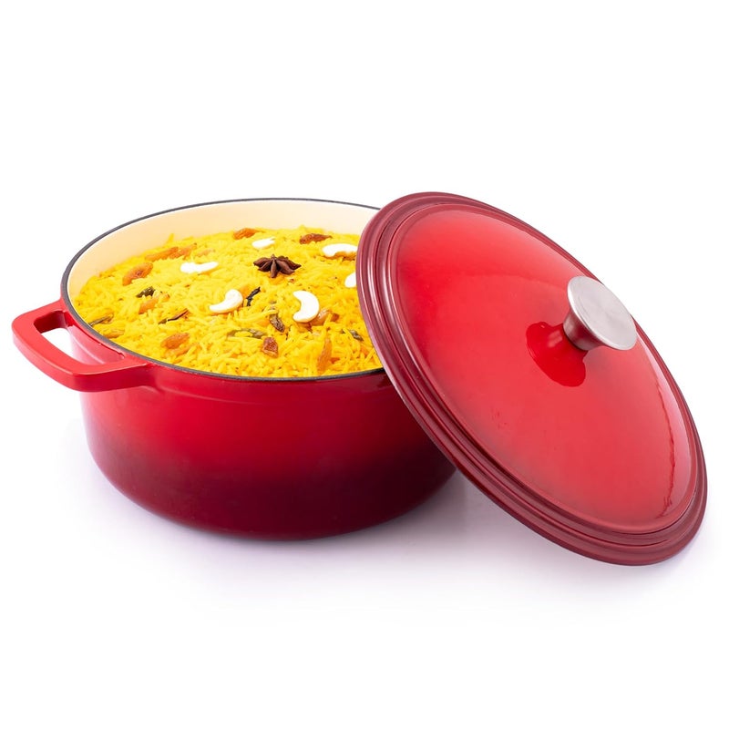 AGARO AGARO Royal Enamelled Cast Iron 5L Casserole with Lid Cooking Pot No Chemical Coating Fast Heat Heavy Weight Gas Induction Oven Compatible for Meat Dal Curry Biryani Pulao Red - Image 1