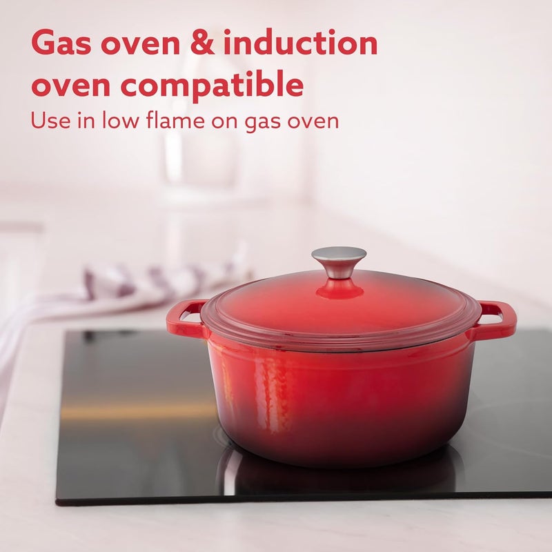 AGARO AGARO Royal Enamelled Cast Iron 5L Casserole with Lid Cooking Pot No Chemical Coating Fast Heat Heavy Weight Gas Induction Oven Compatible for Meat Dal Curry Biryani Pulao Red - Image 4