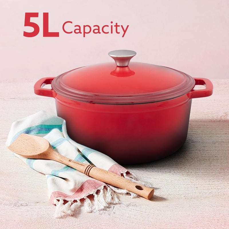 AGARO AGARO Royal Enamelled Cast Iron 5L Casserole with Lid Cooking Pot No Chemical Coating Fast Heat Heavy Weight Gas Induction Oven Compatible for Meat Dal Curry Biryani Pulao Red - Image 2