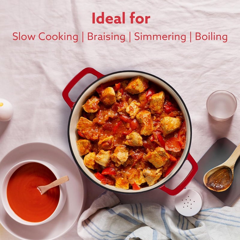 AGARO AGARO Royal Enamelled Cast Iron 5L Casserole with Lid Cooking Pot No Chemical Coating Fast Heat Heavy Weight Gas Induction Oven Compatible for Meat Dal Curry Biryani Pulao Red - Image 5