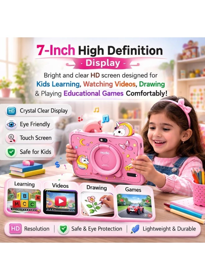 Modio Tab M71 Kids Tablet 7 Inch HD Display, 6GB RAM + 128GB ROM, Dual Camera, 3000mAh Battery, Shockproof Unicorn Case with Stylus & Accessories – Blue (Pink)) - Image 2