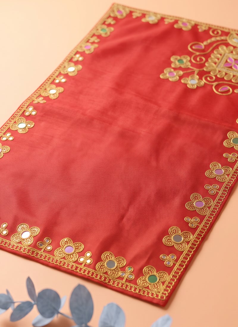 Madhoor Velvet Flower Decorative Pooja Aasan Red for Pooja, Deity Idol Placement & Home Temples, 12 x 18 Inches - Image 3