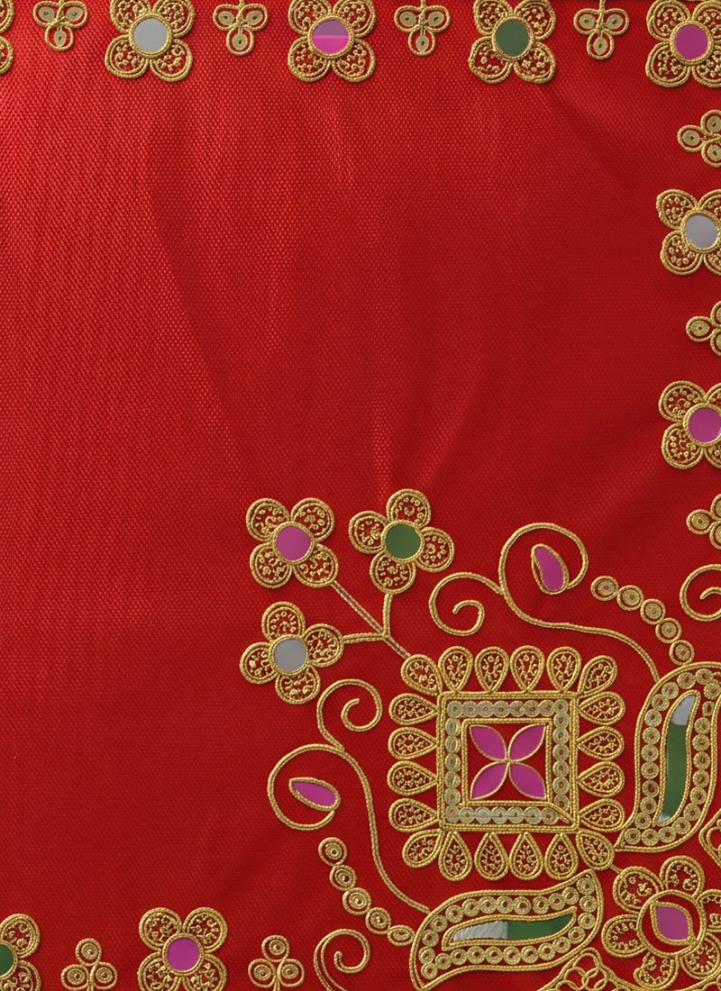 Madhoor Velvet Flower Decorative Pooja Aasan Red for Pooja, Deity Idol Placement & Home Temples, 12 x 18 Inches - Image 2