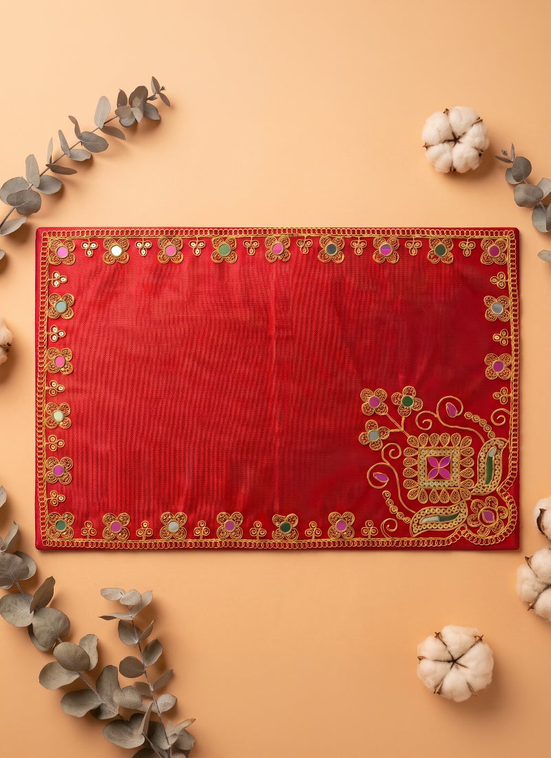 Madhoor Velvet Flower Decorative Pooja Aasan Red for Pooja, Deity Idol Placement & Home Temples, 12 x 18 Inches - Image 1