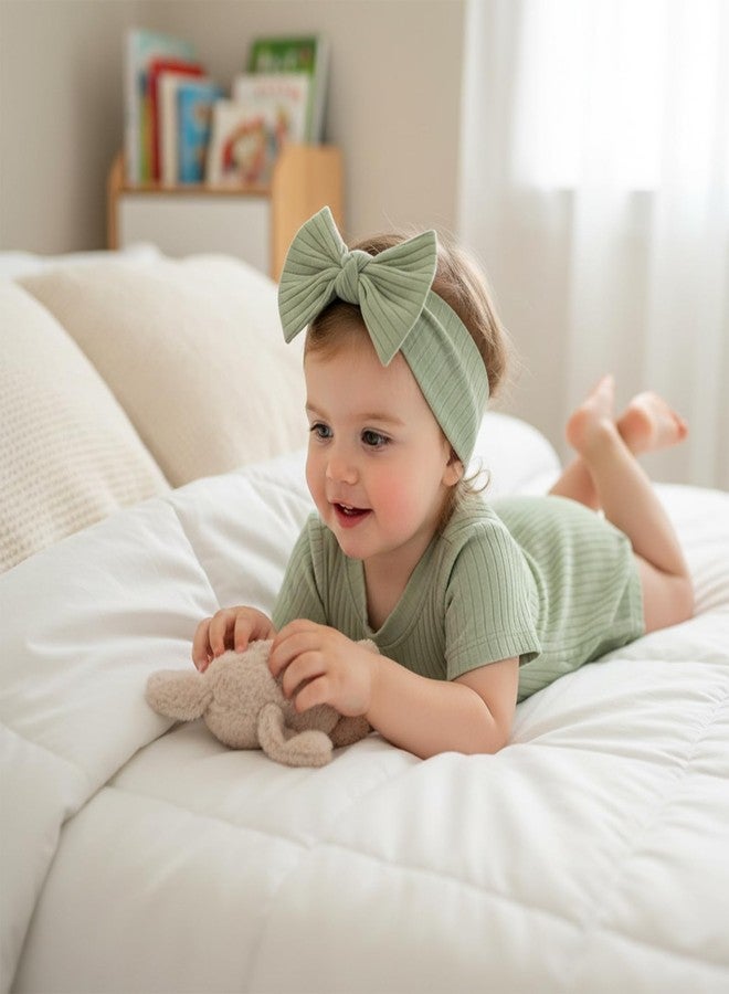 FOCUSNORM Baby Girl Summer Clothes Ribbed Short Sleeve Romper Solid Color Bodysuits Bow Headband Outfit Newborn Girl Jumpsuit (Pea Green, 0-3 Months) - Image 3