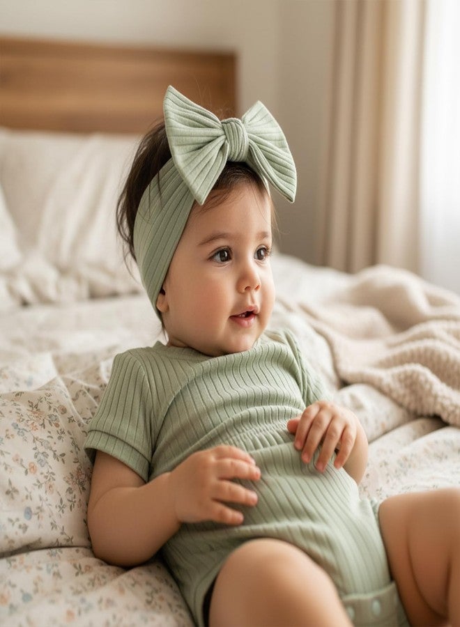 FOCUSNORM Baby Girl Summer Clothes Ribbed Short Sleeve Romper Solid Color Bodysuits Bow Headband Outfit Newborn Girl Jumpsuit (Pea Green, 0-3 Months) - Image 4