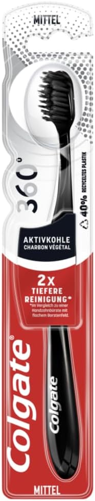 Colgate Toothbrush 360 Activated Carbon Medium 1 Piece Manual Toothbrush Cleans Teeth Tongue Cheeks and Gums with Medium Hard Bristles Black