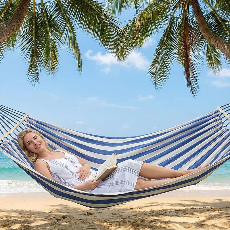 Anyoo Outdoor Cotton Hammock with Tree Straps, Comfortable Fabric Hammock with 40CM Curved Wooden bar, Portable Hammock with Compact Travel Bag, Perfect for Indoor Balcony Garden Patio Yard - Image 5