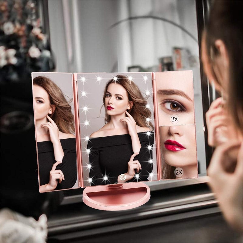 WEILY Makeup Mirror with 21 LED Lights,Two Power Supply Modes, Adjustable Touch Screen and 1x/2x/3x Magnification Tri-Fold Vanity Mirror,Chargeable Travel Cosmetic Mirror for Desktop(Rose Pink) Cost saving user oriented build - Image 2