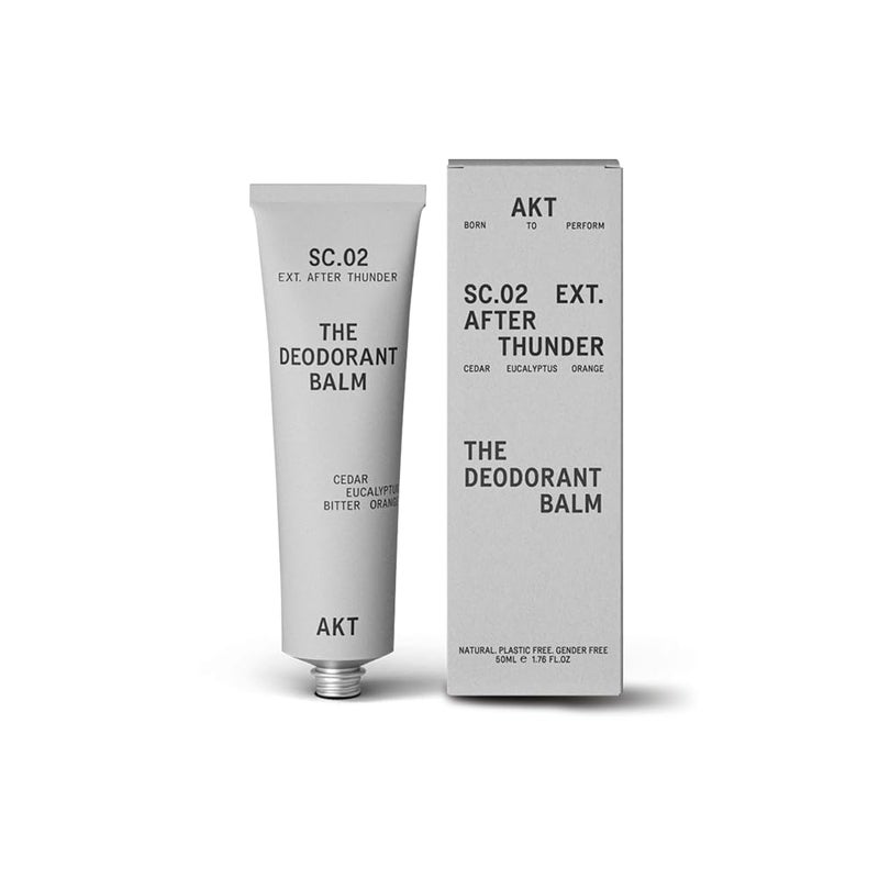 AKT AKT, THE DEODORANT BALM. Award winning, multi-use, natural deodorant. Plastic Free. Gender Free. Aluminium Free. 100% effective — 1 tube lasts up to 3 months. SC.02 AFTER THUNDER. 1.7 Ounce