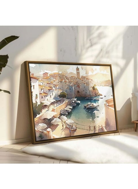 A painting of a harbor with boats and a lighthouse in the background framed wall art 120x80