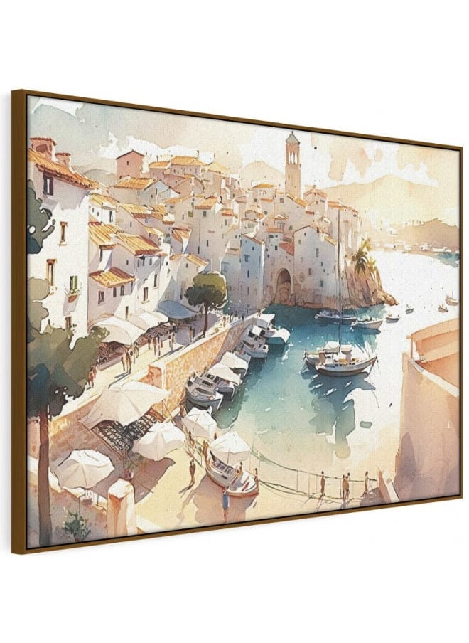 Home Gallery - A painting of a harbor with boats and a lighthouse in the background framed wall art 120x80 - Image 1
