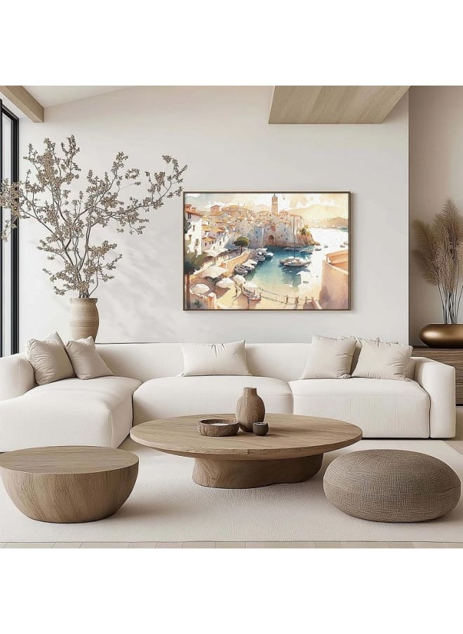 Home Gallery - A painting of a harbor with boats and a lighthouse in the background framed wall art 120x80 - Image 1