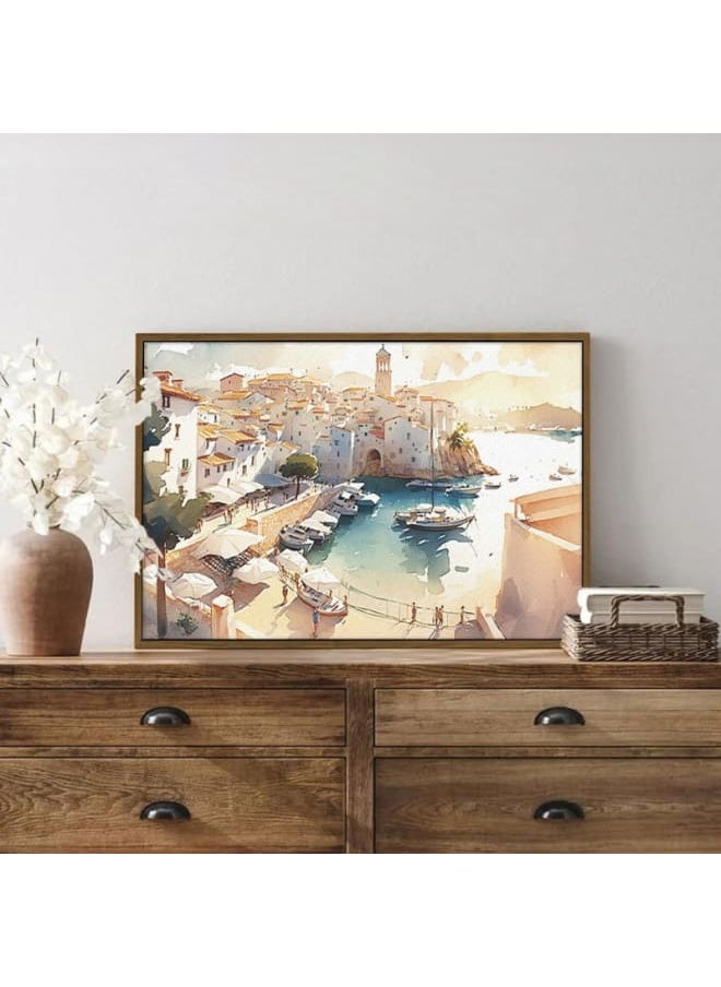 Home Gallery - A painting of a harbor with boats and a lighthouse in the background framed wall art 120x80 - Image 1