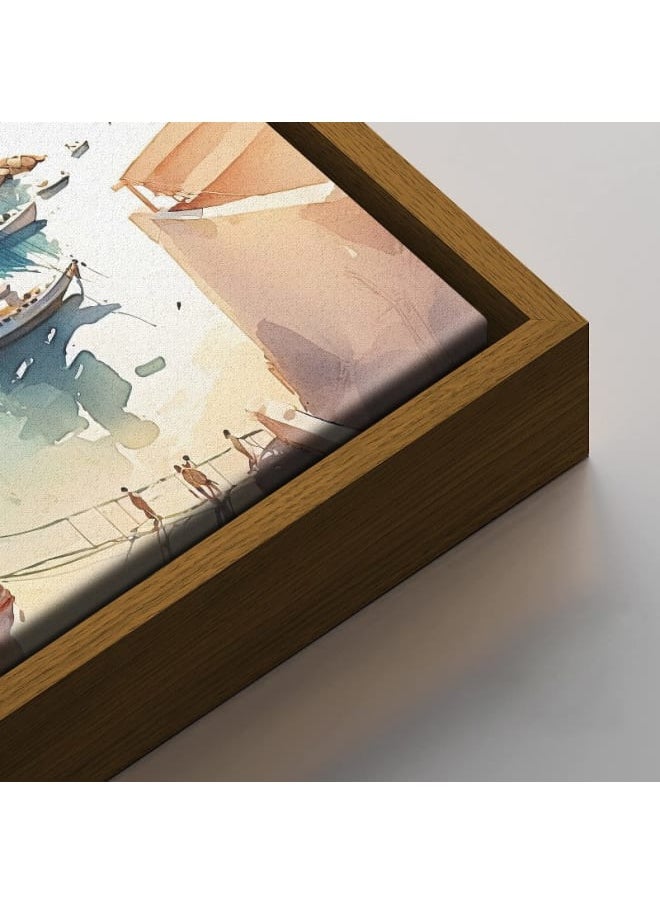 Home Gallery - A painting of a harbor with boats and a lighthouse in the background framed wall art 120x80 - Image 1