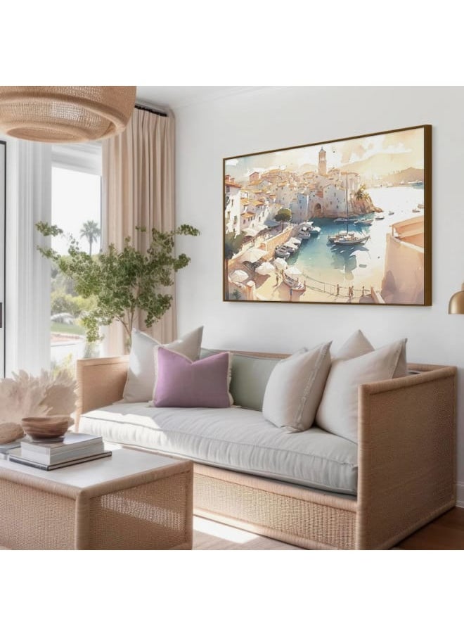 Home Gallery - A painting of a harbor with boats and a lighthouse in the background framed wall art 120x80 - Image 1