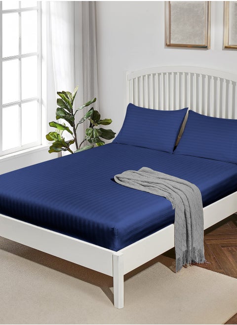 Double Striped Fitted Elastic Bedsheet with 2 Pillow Case 160 x 200 Cm Navy Blue