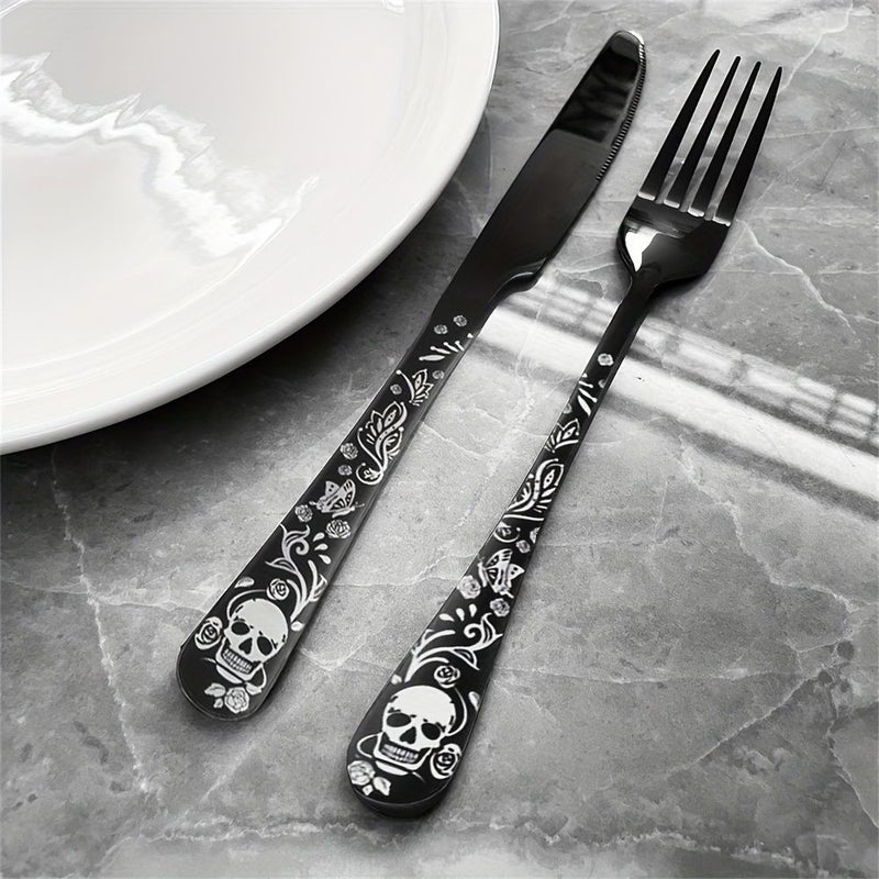 12 Piece Gothic Black Stainless Steel Dinner Set Spoons Forks Skull Rose Design - Image 2
