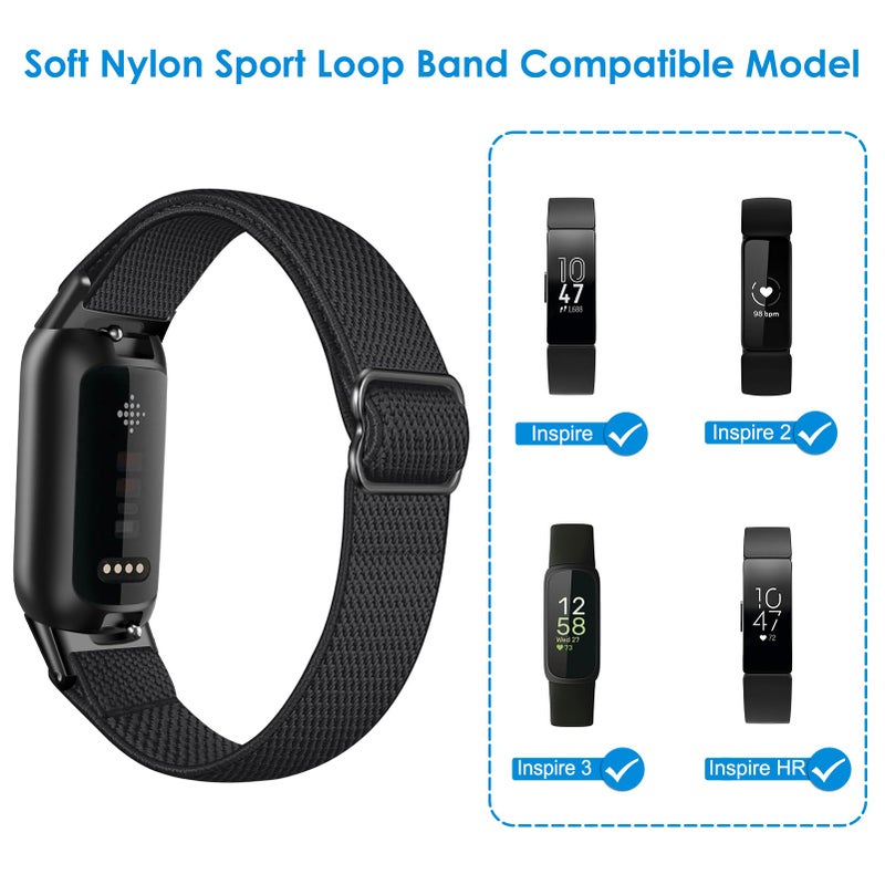 FINTIE Elastic Bands Compatible with Fitbit Inspire 3 2 HR 1 / Ace 3 2, Adjustable Stretchy Nylon Loop Band Breathable Replacement Strap Accessory Wristband, Black - Image 2