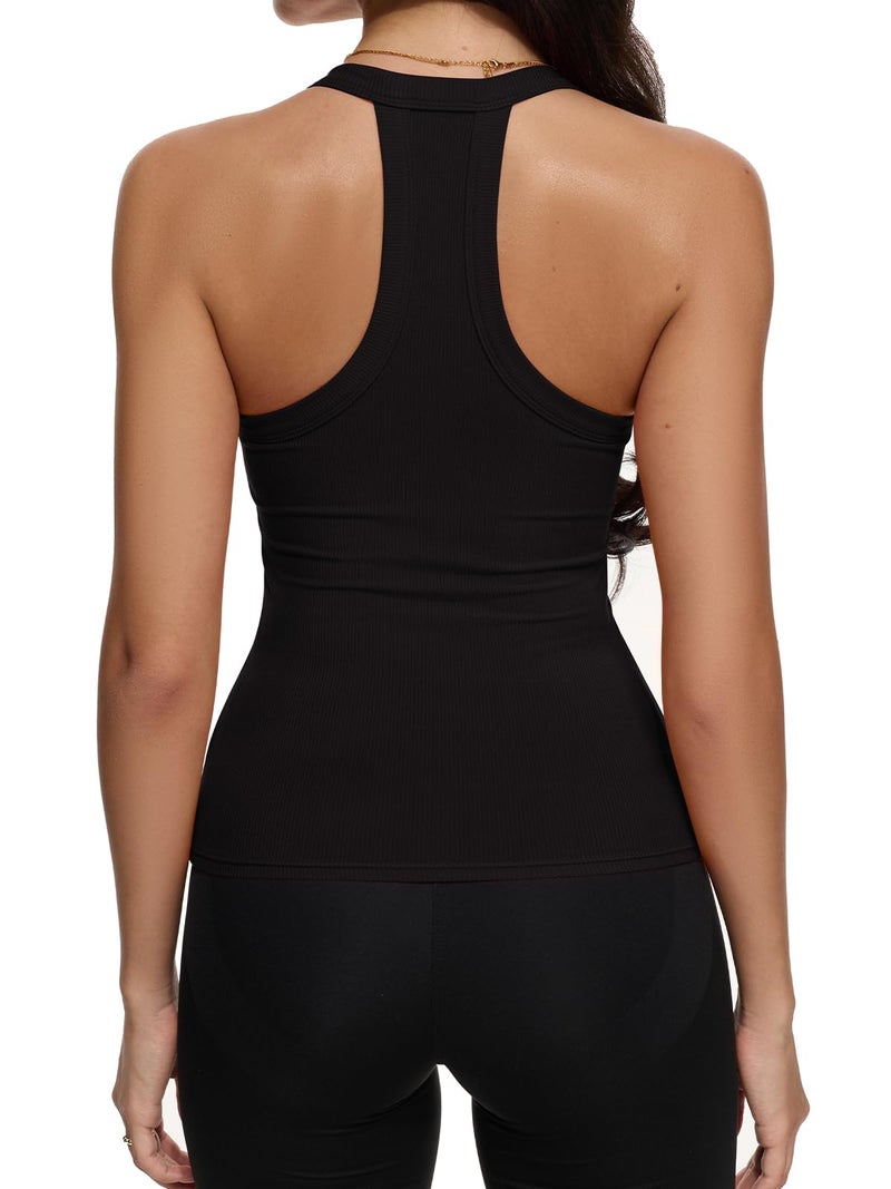REORIA Workout Tank Tops for Women V Neck Racerback Summer Sleeveless Ribbed Gym Going Out Crop Trendy Cami Top Black Small - Image 3