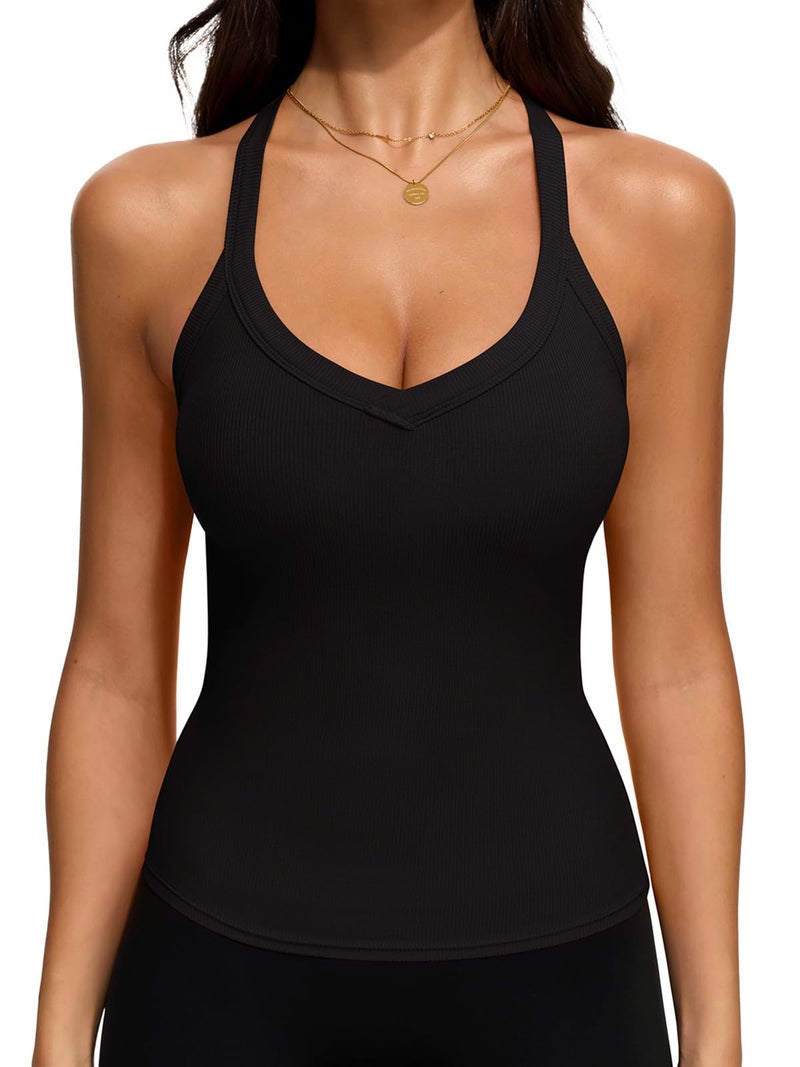 REORIA Workout Tank Tops for Women V Neck Racerback Summer Sleeveless Ribbed Gym Going Out Crop Trendy Cami Top Black Small - Image 1