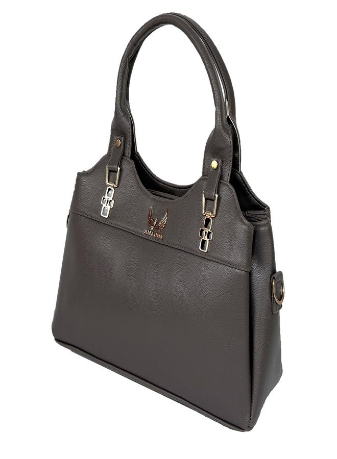 Amanda Vegan Leather Handbag for Women | 3 Zip Compartments Inner Pockets Double Handle Detachable Shoulder Strap | Office, College, Party Use | Stylish Bag for Girls - Grey - Image 4