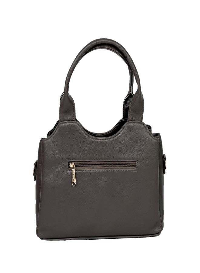 Amanda Vegan Leather Handbag for Women | 3 Zip Compartments Inner Pockets Double Handle Detachable Shoulder Strap | Office, College, Party Use | Stylish Bag for Girls - Grey - Image 3