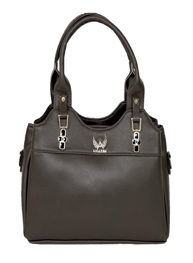 Amanda Vegan Leather Handbag for Women | 3 Zip Compartments Inner Pockets Double Handle Detachable Shoulder Strap | Office, College, Party Use | Stylish Bag for Girls - Grey - Image 1