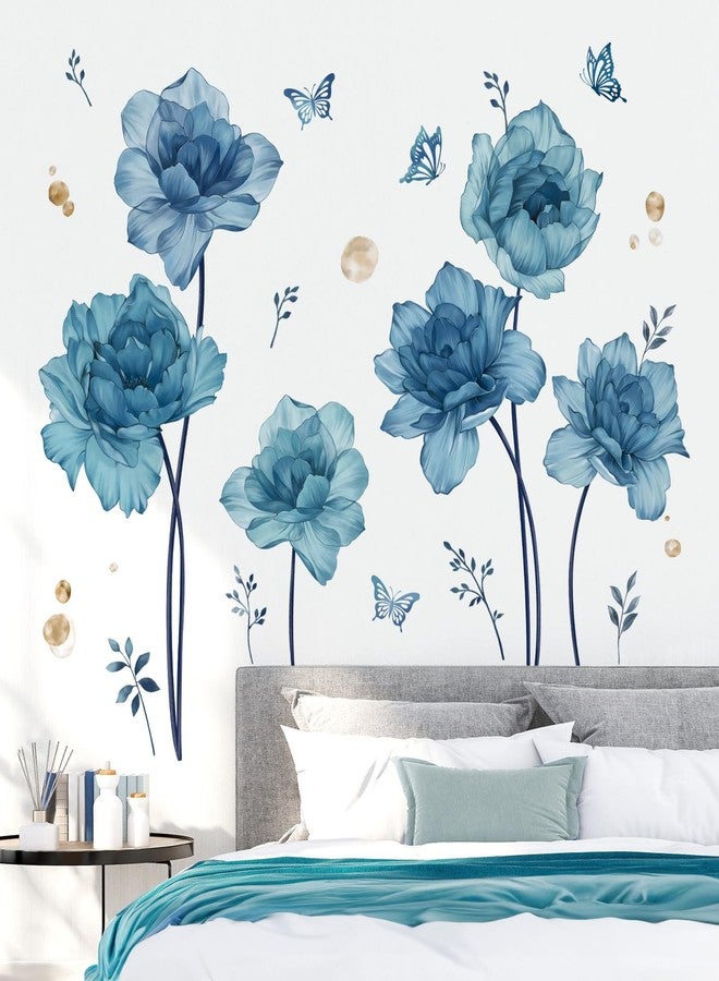 wondever Large Blue Flowers Wall Stickers Peony Floral Plants Butterfly Peel and Stick Wall Art Decals for Girls Bedroom Living Room TV Wall - Image 3