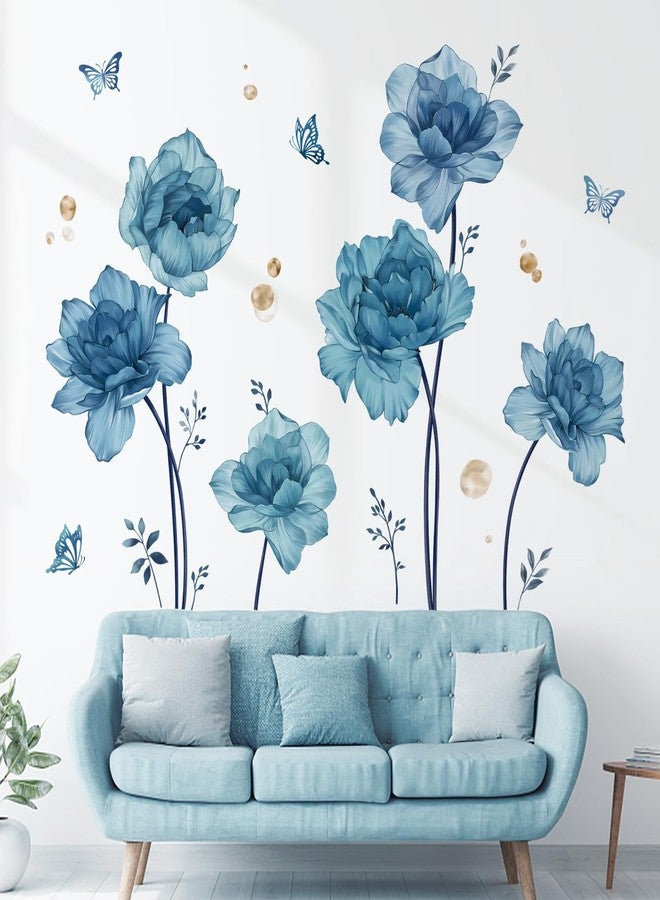 wondever Large Blue Flowers Wall Stickers Peony Floral Plants Butterfly Peel and Stick Wall Art Decals for Girls Bedroom Living Room TV Wall - Image 4