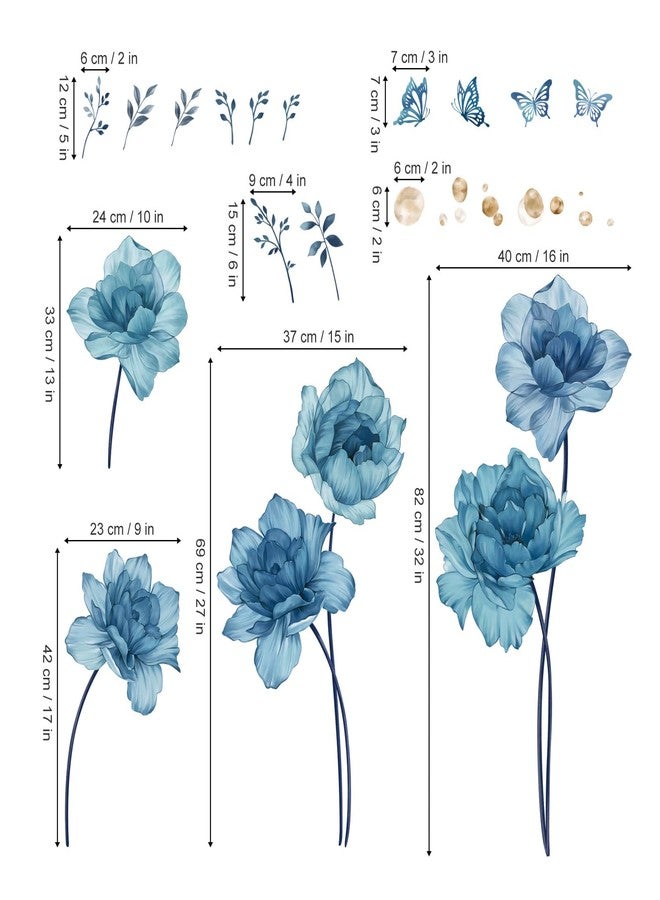 wondever Large Blue Flowers Wall Stickers Peony Floral Plants Butterfly Peel and Stick Wall Art Decals for Girls Bedroom Living Room TV Wall - Image 5