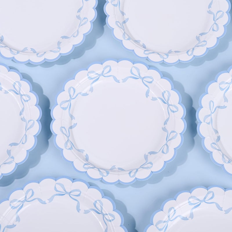 Elyxio 24Pcs Blue Bow Paper Plates Coquette Disposable Party Plates Scalloped Bowknot 7" Small Dessert Plate for Birthday Bridal Baby Shower Tableware Supply Table Decor - Image 4