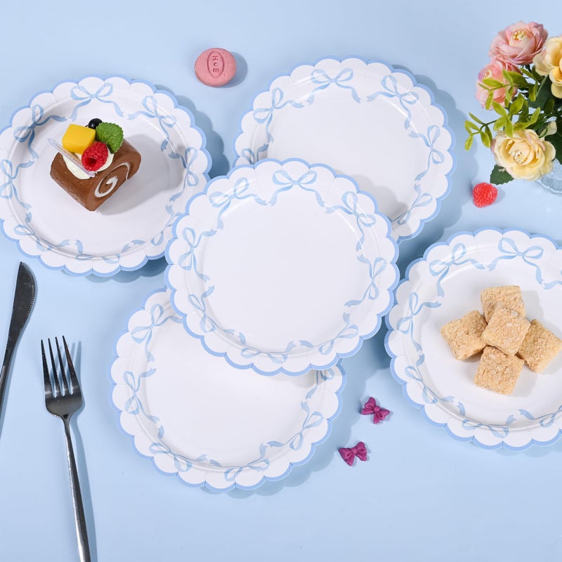 Elyxio 24Pcs Blue Bow Paper Plates Coquette Disposable Party Plates Scalloped Bowknot 7" Small Dessert Plate for Birthday Bridal Baby Shower Tableware Supply Table Decor - Image 3