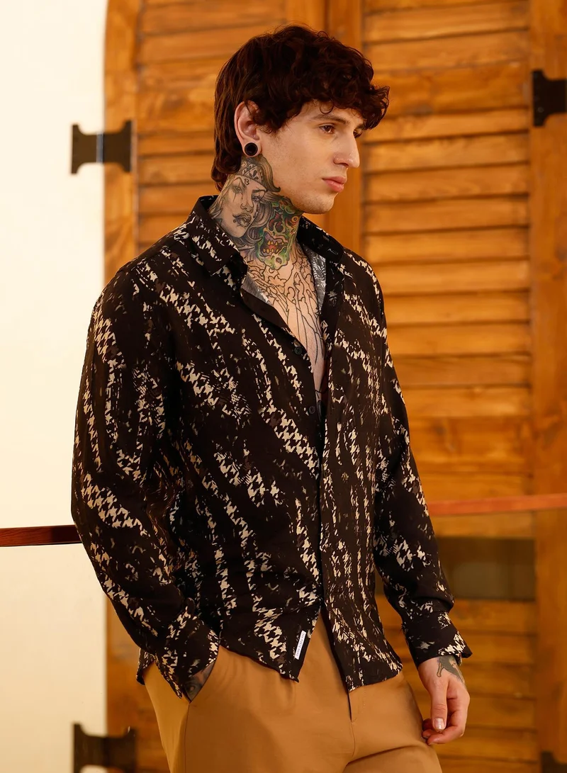 CAHOOT  Men's Onyx Black Grazed-Houndstooth Imprint Shirt for Men | Best Price UAE