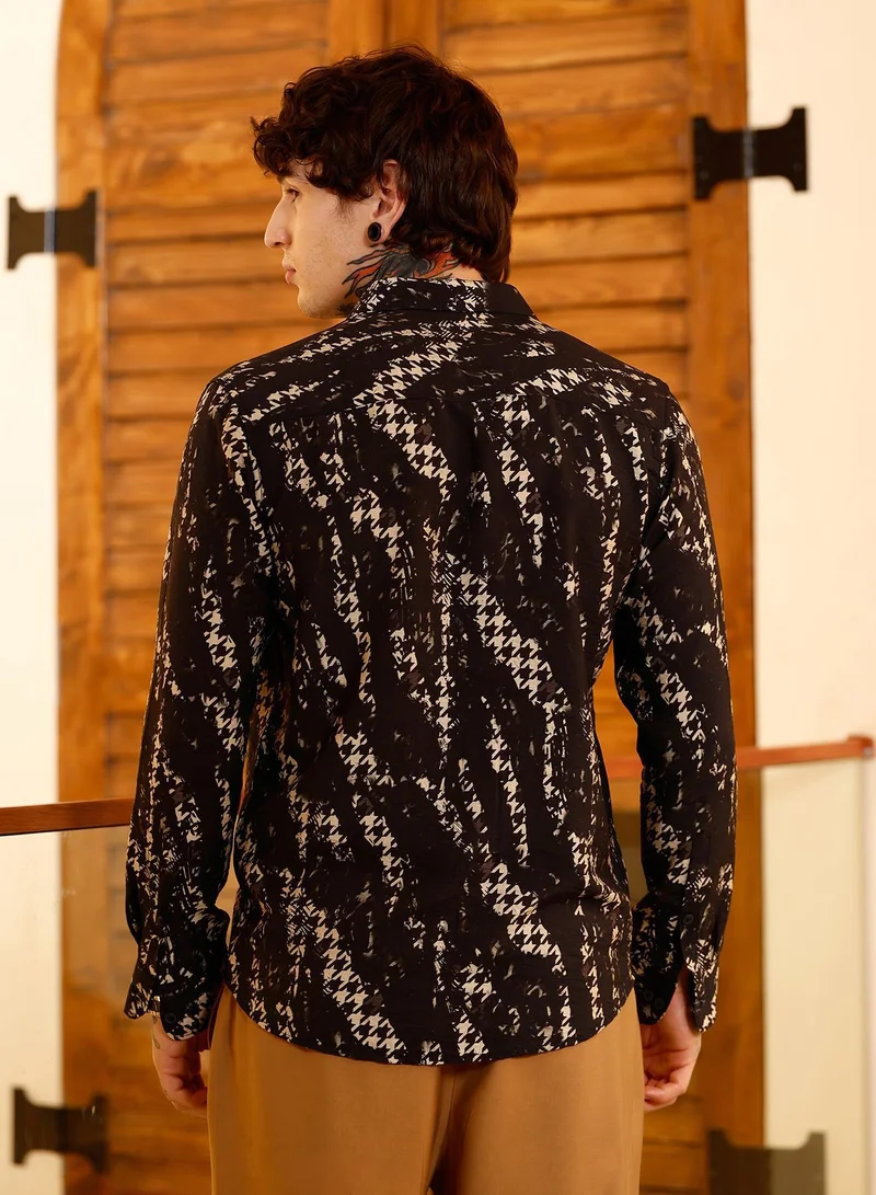 CAHOOT  Men's Onyx Black Grazed-Houndstooth Imprint Shirt for Men | Best Price UAE