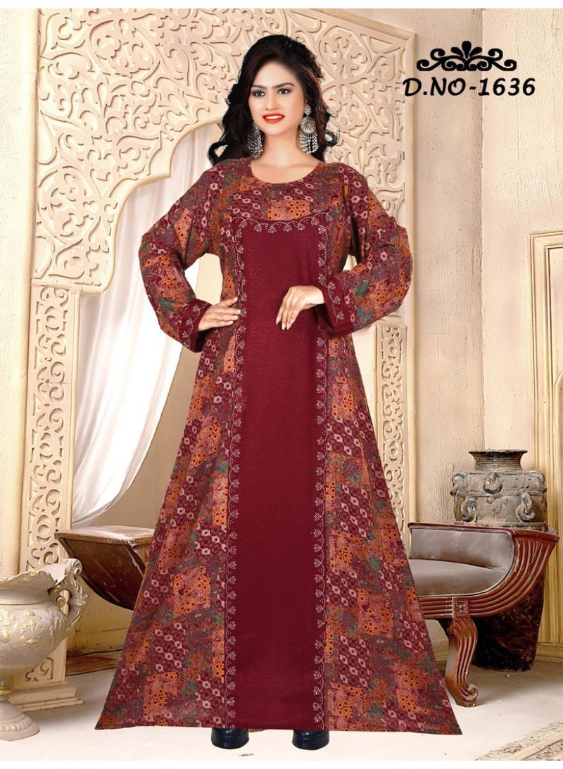 زينة جلابية / فستان ماكسي مطبوعة - بأكمام طويلة وياقة دائرية - بطبعات زهرية وهندسية